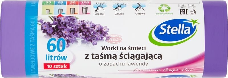Stella worki na śmieci lawendowe z taśmą ściągającą 60 l 10 szt.